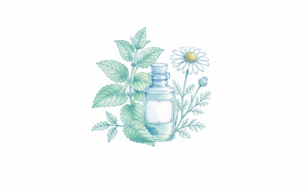 Ilustración de menta, manzanilla y frasco de botica